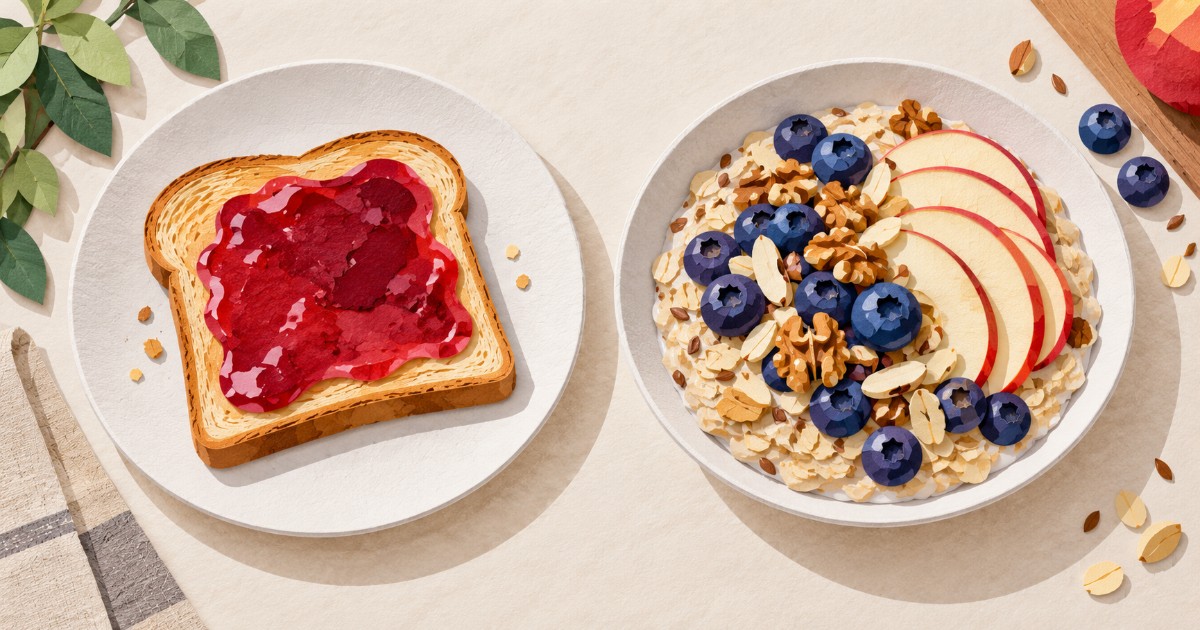 Dva snídaňové talíře, vlevo toast s marmeládou, vpravo ovesná kaše s borůvkami, ořechy a jablkem